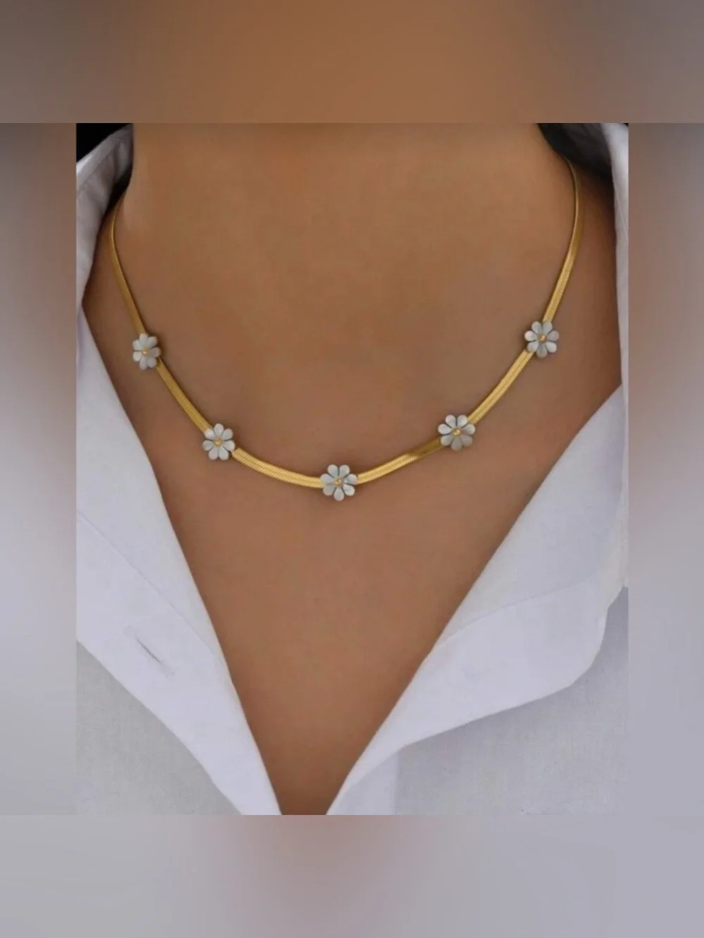 Gold Plated Stainless Steel Daisy Flower Necklace | White Enamel Floral Choker